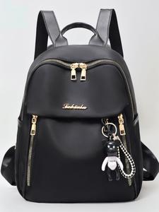 Fashion Letter Metal Label Tag Decorated Durable Nylon Backpack with Bear Shaped Charm, Casual Large Capacity Zipper Backpack for Women, Women's Classic Backpack