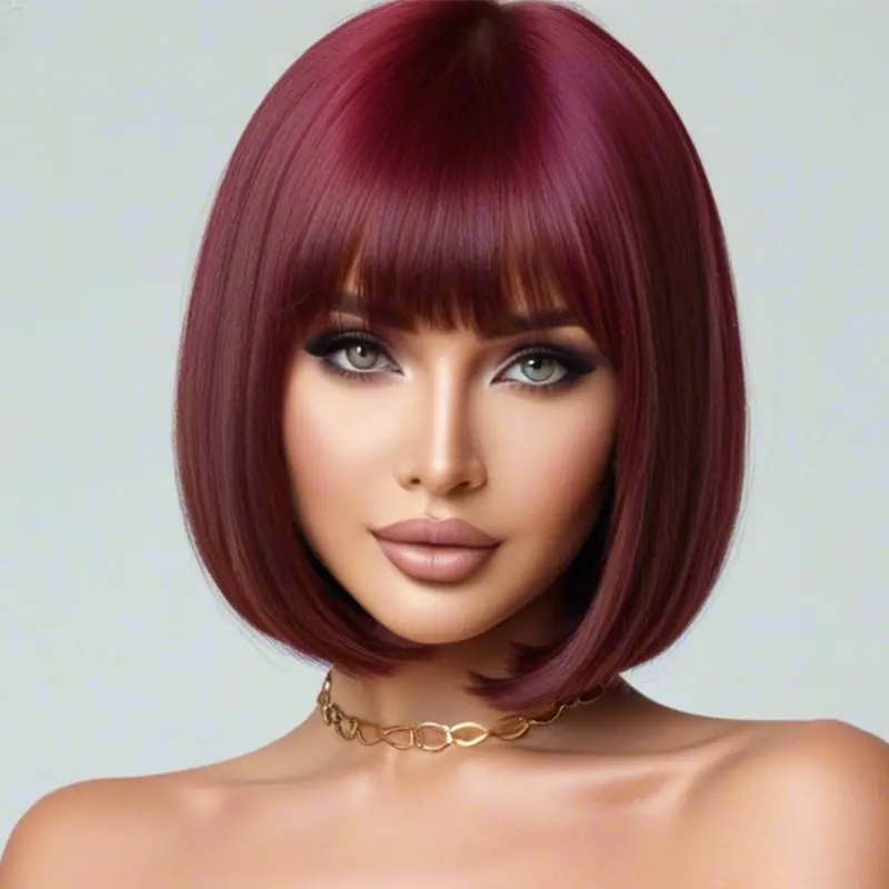 Women's Elegant Burgundy Bob Wig with Bangs - 150% Density Heat Resistant Synthetic Fiber, Suitable for Role Playing & Daily Wea 1
