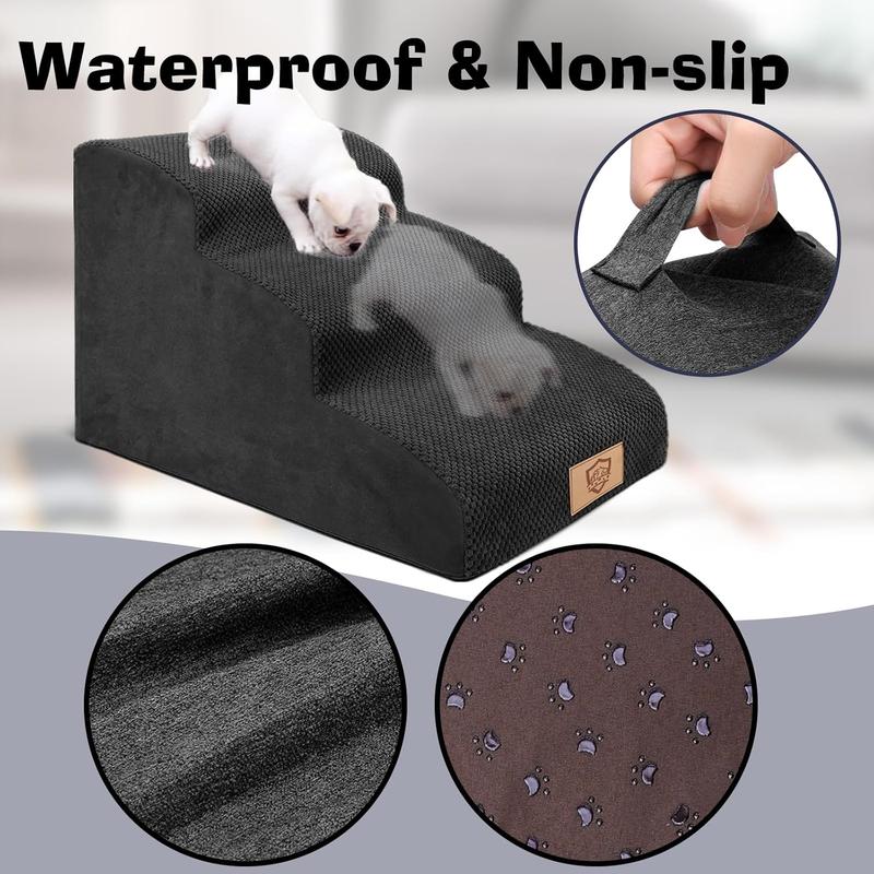 MASTERTOP Dog Steps for Bed, 3-Steps High Density Foam Dog Stairs for Small Injured Older Pets, Dog Ramp with Removable Cover, Non-Slip Pet Stairs for Indoor Sofa Couch Bed - Black, 60 x 40 x 40cm 3
