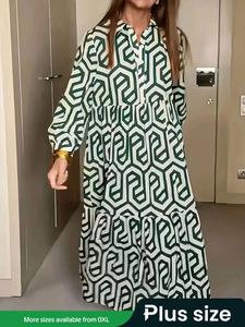 Plus Geometric Button Front Ruffle Hem Bishop Sleeve Shirt Dress, Boho Fashion Long Sleeve Collared Dress for Daily Holiday Vacation Wear, Women Dress for Spring & Fall