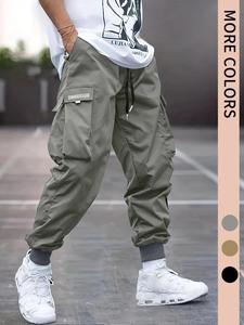 Loose Vintage Solid Patched Flap Pocket Drawstring Waist Cargo Pants, Men's Trousers, Long Pants, Going Out Outfit, Please Purchase One Size Smaller
