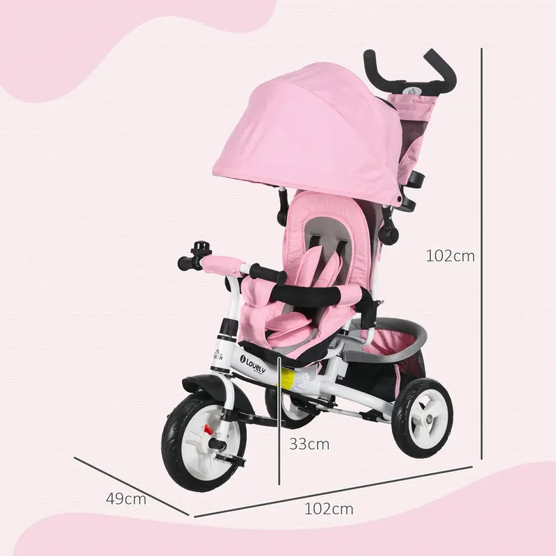 HOMCOM 4 in 1 Kids Trike Push Bike w/ Push Handle, Canopy, 5-point Safety Belt, Storage, Footrest, Brake, for 1-5 Years, Pink | Aosom UK 2