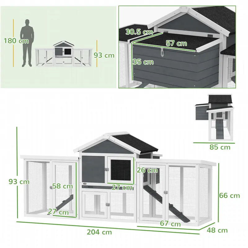 Large Chicken Coop, Wooden Garden Hen House, Poultry Coops Cages with Run, Nesting Box, Grey 2