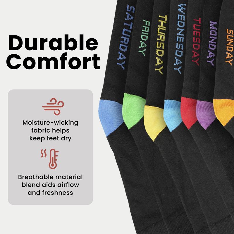 7 Pack Days Of The Week Cotton Rich Boys Girls Kids Men's Women's Socks Black with Multi Colour Heel and Toe Design By Sock Stack 1
