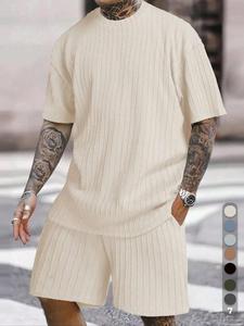 Men's Solid Textured Tee & Drawstring Waist Shorts Set, Fashion Crew Neck T-shirt & Pocket Shorts, Men Two-piece Outfits, Summer Outfits 2024