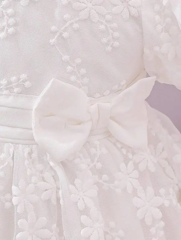 Baby Girl Sweet Embroidered Mesh Dress With Bowknot Decoration And Bubble Sleeves, Summer 5