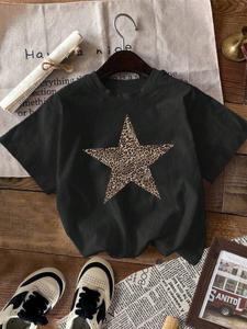 Women's Leopard Star Print Round Neck Tee, Vintage Trendy Casual Loose Short Sleeve T-shirt for Daily Wear, Ladies All Seasons Outfit