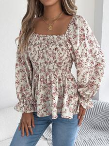 Women's Ditsy Floral Print Blouse, Boho Casual Fashion Top for Daily Holiday Vacation Wear, Women Clothing for Spring & Fall
