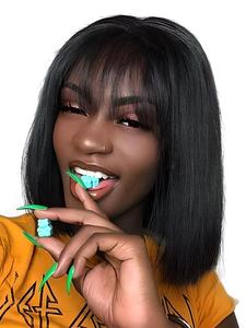 11 Inch Short Straight Bob Wigs with Bangs, Gorgeous Fluffy Wigs for Women, Human Hair Full Machine Wigs for Party, Daily Use