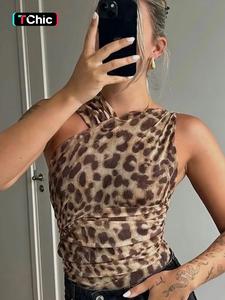Women's Leopard Print Asymmetrical Neck Ruched Mesh Bodysuit, Fashion Casual Sleeveless Bodysuit for Summer, Ladies Clothes for Holiday Party Club