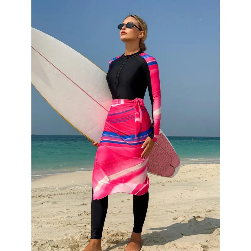 Swim Shayni Women Color Block Patchwork Marble Pattern Zip-Up Long Sleeve One Piece Swimsuit & Pants & Cover Up Skirt, For Summer Beach Vacation Arabic Clothing 3