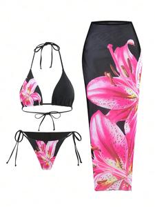 Women's Floral Print Halter Bikini Set, Chic Tie Back Swim Bra & Tie Side Swim Panty & Cover Up Skirt Set, Fashion Swimming Swimwear Set for Beach Holiday Vacation, Y2k Bathing Suit, Bikinis Sets, Floral Pink Bikini, Swimsuit Women, Adjustable Bikini Top