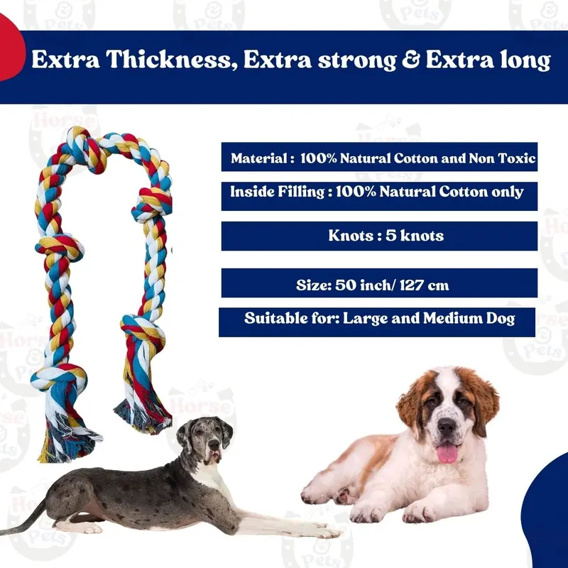 Dog Rope Toy 50 Inch/ 127cm with 5Knots for Medium and Large aggressive dog Chewers, Rope Indestructible Dog Chew Toys, Tough Dog Tug Toy for Teeth Cleaning and Tug of War 3