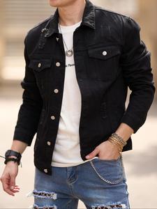Men's Solid Color Ripped Denim Jacket, Casual Fashion Comfy Regular Fit Long Sleeve Jean Coat for Daily Outdoor Wear, Menswear for All Seasons, Cotton