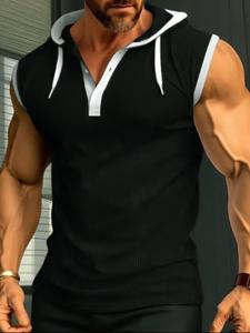 Men's Solid Color Contrast Trim Drawstring Hooded Sleeveless Tank Top, Regular Fit Casual Comfy Button Front Sleeveless Top for Summer, Men's Clothes for Daily Wear