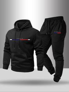 Men's Letter Print Longsleeves Hoodie & Drawstring Waist Sweatpants Two-piece Set, Casual Loose Long Sleeve Hooded Sweatshirt & Jogger Pants for Fall & Winter, Men's Two-piece Outfits for Daily Wear, Men's Paris Tracksuit