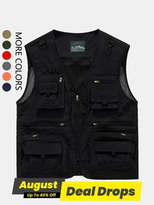 Men's Solid Multi-pocket Zipper Gilet, Loose Casual Street Fashion Hollow Out V Neck Vest Jacket for Spring & Summer, Men's Clothes for Daily Wear