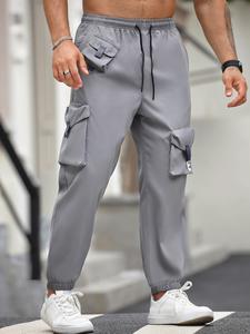 Men's Solid Flap Pocket Drawstring Waist Cargo Pants, Regular Fit Casual Street Fashion Trousers for Daily Wear, Men's Bottoms for All Seasons
