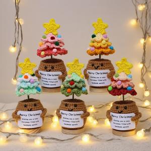 Handmade Crochet Christmas Tree Potted with Card for Xmas Party Decor Gift for Family Friends