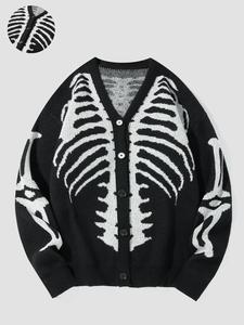 Halloween Outfit Ideas, Men's Halloween Skeleton Print Button Front Cardigan, Regular Fit Casual Drop Shoulder Long Sleeve V Neck Knitwear for Fall & Winter, Men's Knit Clothing for Daily Wear,Halloween Costumes