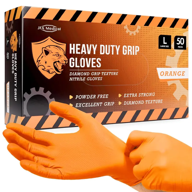 Medical Disposable Heavy Duty Mechanic Powder Free Latex Free Orange Diamond Grip Nitrile Gloves - Box of 50 (Large) 0