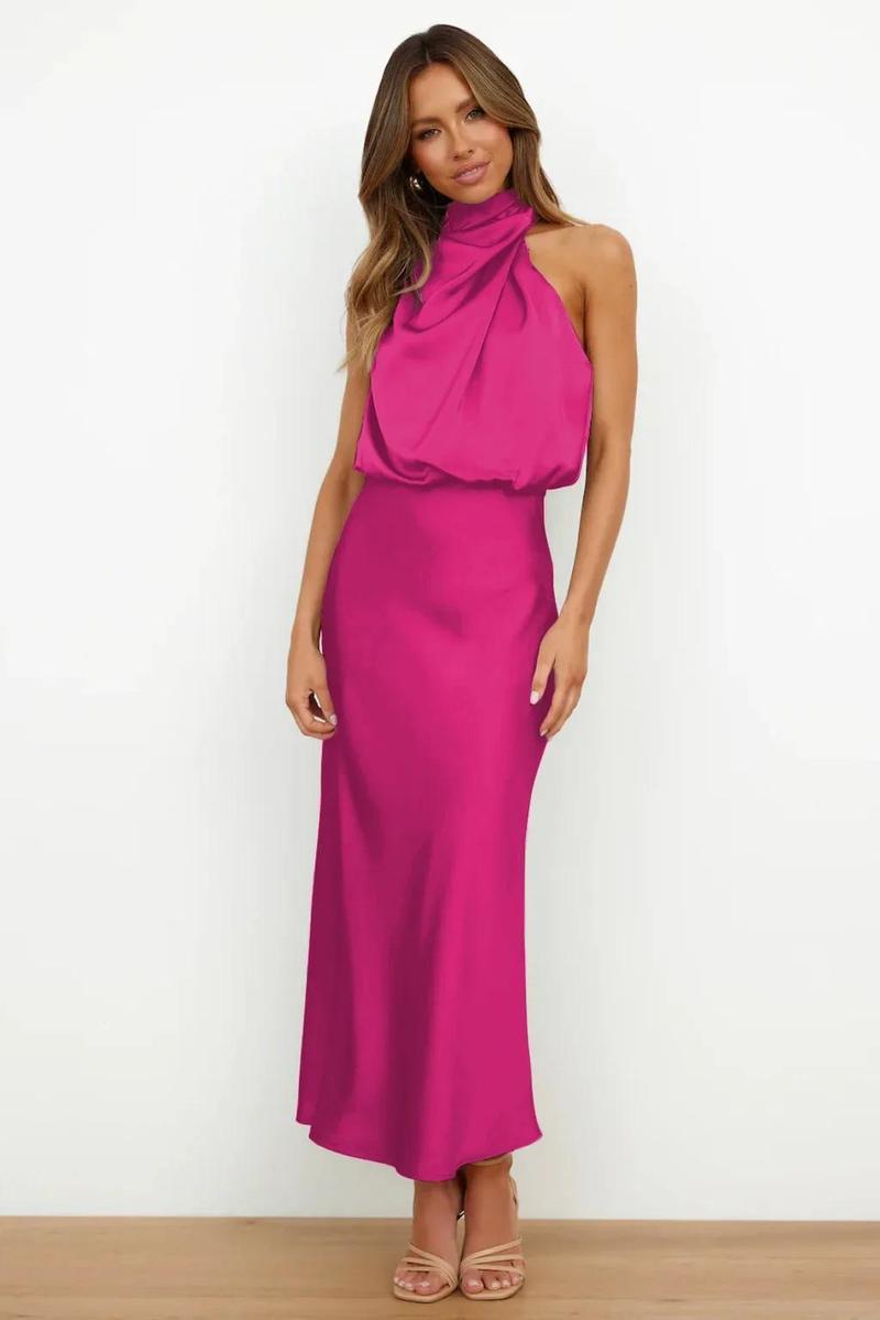 Product Introduction of 2025 Spring/Summer Long Dress for Women High Waist Halter Satin Sleeveless Dress Fashion Elegant Solid Evening Party Dresses 7