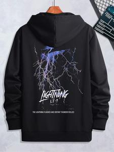 Unisex Men's Lightning Print Zipper Drawstring Pocket Hooded Sweatshirt, Graphic Letter Pattern Long Sleeve Essentials Hoodie, Drop Shoulder Top for Male, Casual Comfy Knitting Top for Fall & Winter