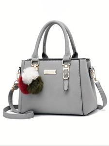 Women's Elegant Embossed Square Bag, Fashion Letter Label Zipper Handbag, Casual Shopping & Travel Shoulder Crossbody Bag, with Pom Pom Charm
