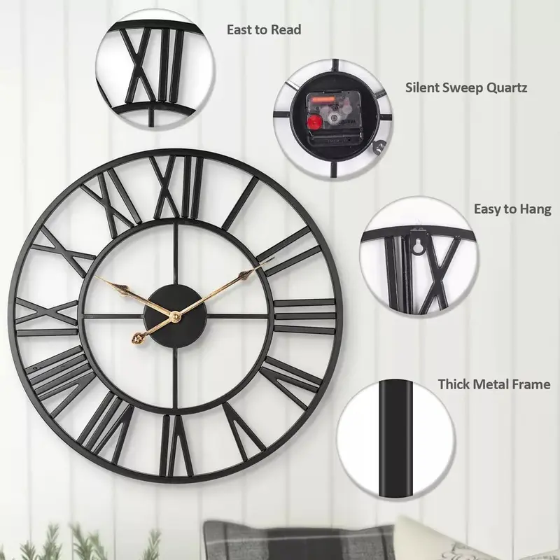 Extra Large Roman Numerals Skeleton Wall Clock Big Giant Open Face Round Home 8