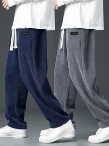 Men's Letter Patched Corduroy Pants, Casual Comfy Loose Straight Leg Trousers for Fall & Winter, Men's Bottoms for Daily Wear