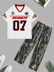 Men's Letter & Camo Print Short Sleeve Tee & Pants Two-Piece Set, Casual Round Neck T-shirt & Trousers, Men's Summer Clothes for Outdoor Sports