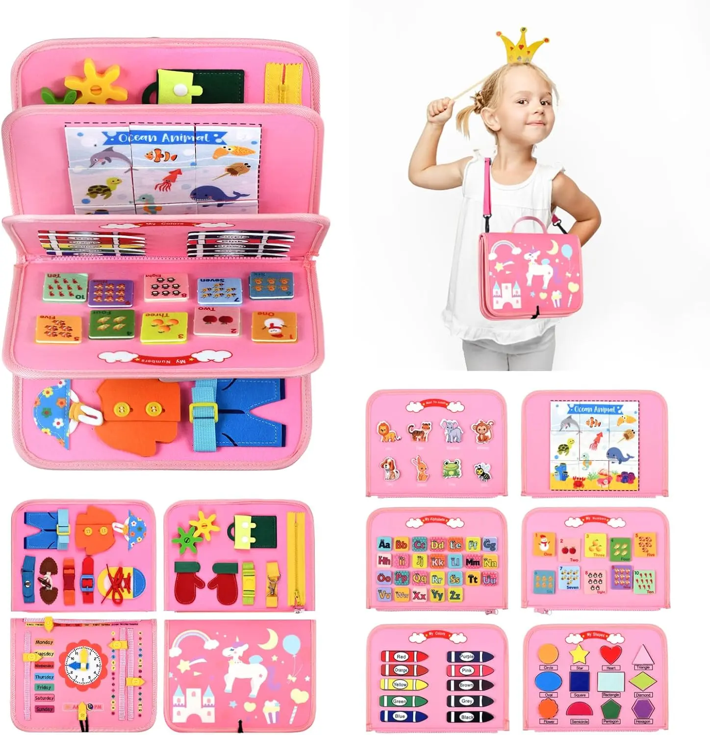 Busy Board Toys For 1 2 3 4 5 6 Year Old Girls Boys, Sensory Toys For Toddlers, Preschool Educational Learning Toys, Activity Board For Fine Motor Skills, Kids Gifts, Airplane Car Travel Toys, Busy Board For Kids Toddlers (PINK)