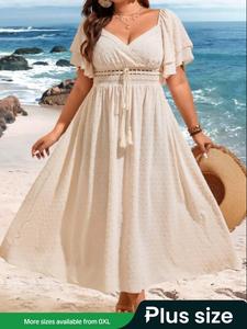 【Plus Size】 Solid Color Shirred Dress, Bohemian Fashion Casual Short Sleeve Dress for Daily Holiday Vacation Wear, Women Plus Clothing for Summer, Womenswear, Boho Clothes Women