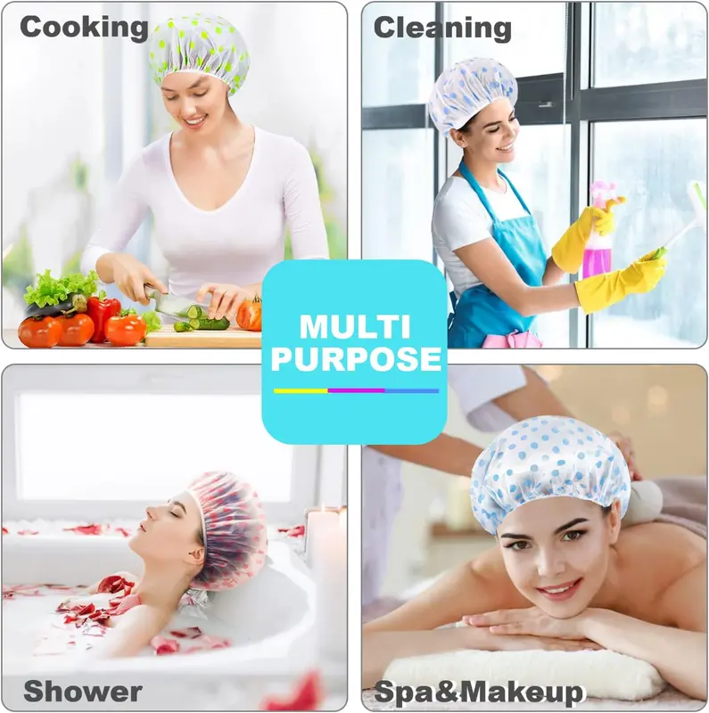 6 Pcs  Shower Caps for Women uk,Waterproof and Reusable Bath Cap,28cm Width with Elastic Band, Large Plastic Long Hair Eco Cap. Set 2