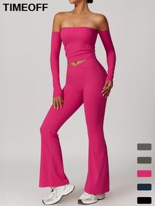 TimeOFF Two-Piece Set Women's Patchwork High Elastic Soft Tube Top Beautiful Back Lined Long Sleeve Crossed Waist Head Beautiful Hip Flared Pants Yoga Clothes suit Four Seasons Outdoor Running Cycling Shopping Fashion suit Gym sports training all-match lo
