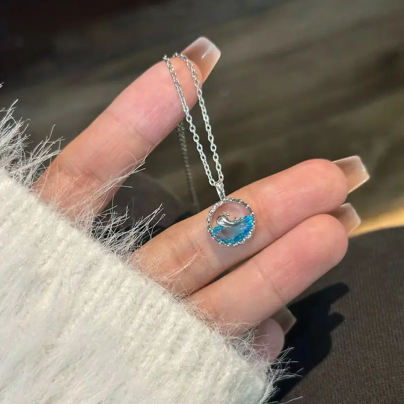 Oceanic Whisper Whale & Wave Necklace K-Drama Inspired Holographic Blue Ocean Wave Pendant | joyaaltd 2