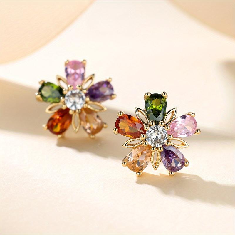 Product Introduction of Elegant Zirconia Earrings Five-Petal Flower Shape Vibrant Colors Unique Design for Women Fashion Jewelry 0