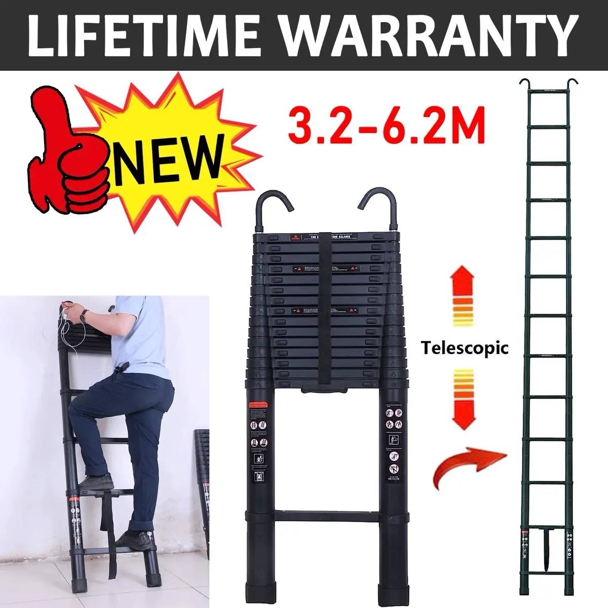 6.2M Heavy Duty Multi-Purpose Aluminium Telescopic Ladder Step Long Extendable