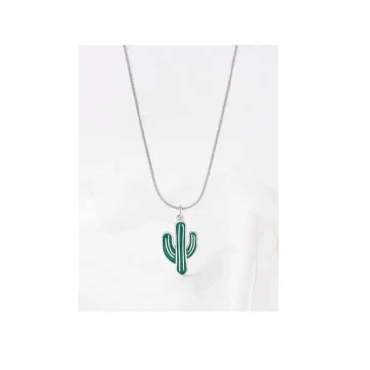 One Stainless Steel 18K Gold Plated Fashionable Cactus Pendant Necklace In Green, Suitable For Men And Women Vacation Accessories 3