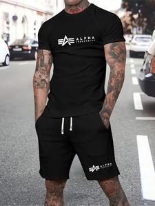 Two-Piece Set Men's Letter Print Short Sleeve Tee & Shorts Set, Regular Fit Casual Round Neck T-shirt & Track Shorts, Men's Summer Clothes, Sports