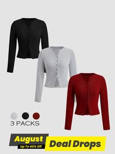 Women's Solid Button Front Ribbed Tee, Casual Minimalist Longsleeves Round Neck T-shirt for Spring & Fall, T Shirts for Women, Button Ups, Ladies Clothes for Daily Wear, Going Out Tops, Womenswear Everyday, Casual Clothing