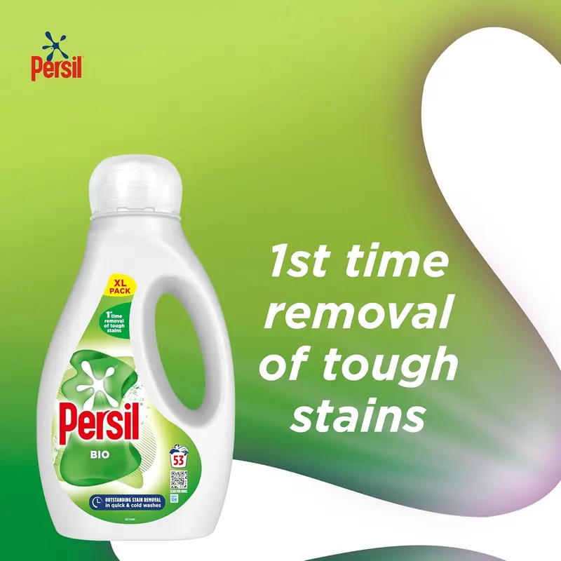 Persil Bio Laundry Washing Liquid Detergent 1st time removal of tough stains outstanding stain removal in quick & cold washes 53 washes (1.431 L) 3