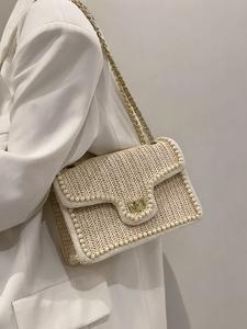 Women's Elegant Faux Pearl Decorated Straw Braid Versatile Embellished Shoulder Bag, Summer 2025 Exquisite Trendy Stylish Crossbody Chain Bag, Fashionable Ladies Purse Flap Bag for Daily, Bags for Women, Classic Flap Shoulder