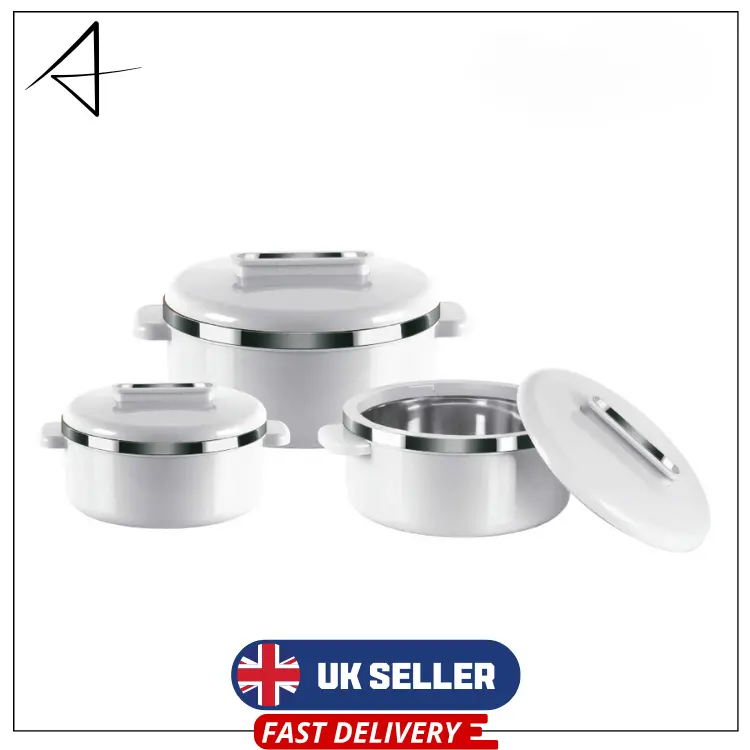 Curve 3-Piece Insulated Hot Pot Set – Thermal Casserole Food Warmers with Stainless Steel Inner – Keeps Food Hot or Cold Up to 6 Hours – Ideal for Rice, Soup, Curry, Salads – White Serving Dish Set for Entertaining Cookware 0