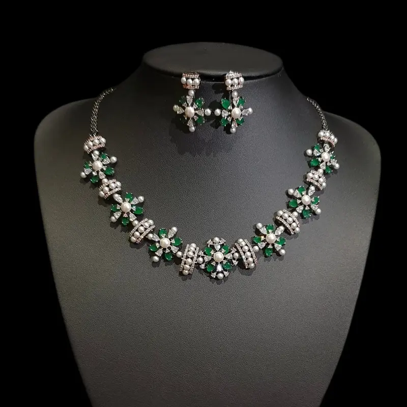 Lab-Grown Emeralds Necklace Set with Cubic Zirconia & Pearls – Black Polish Rhodium Oxidised Finish 2