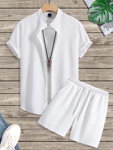 2 Counts Men's Stylish Solid Textured Button Front Shirt & Drawstring Waist Shorts Suits Set, Simple Summer Outfits 2024, Summer Outfits, Regular Fit Casual Short Sleeve Mock Neck Top & Straight Leg Shorts, Menswear Outfits Clothing for Summer