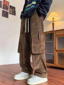Men's Solid Color Corduroy Cargo Pants, Loose Casual Comfy Drawstring Pocket Trousers for Fall & Winter, Men's Bottoms for Daily Wear