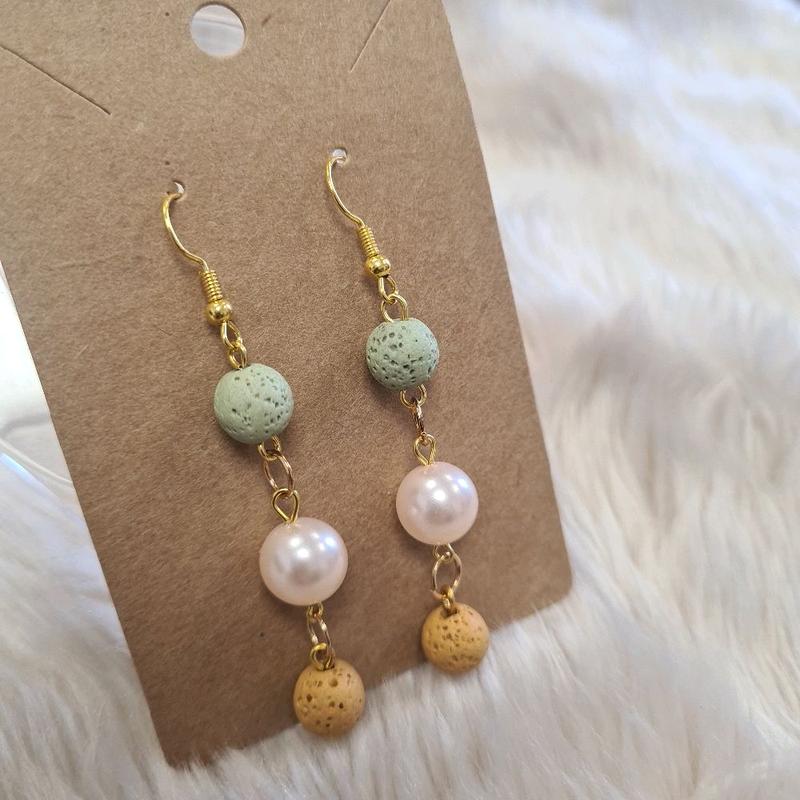 Boho Chic Gemstone Drop Earrings - Sage, Pearl & Lava N.12 3