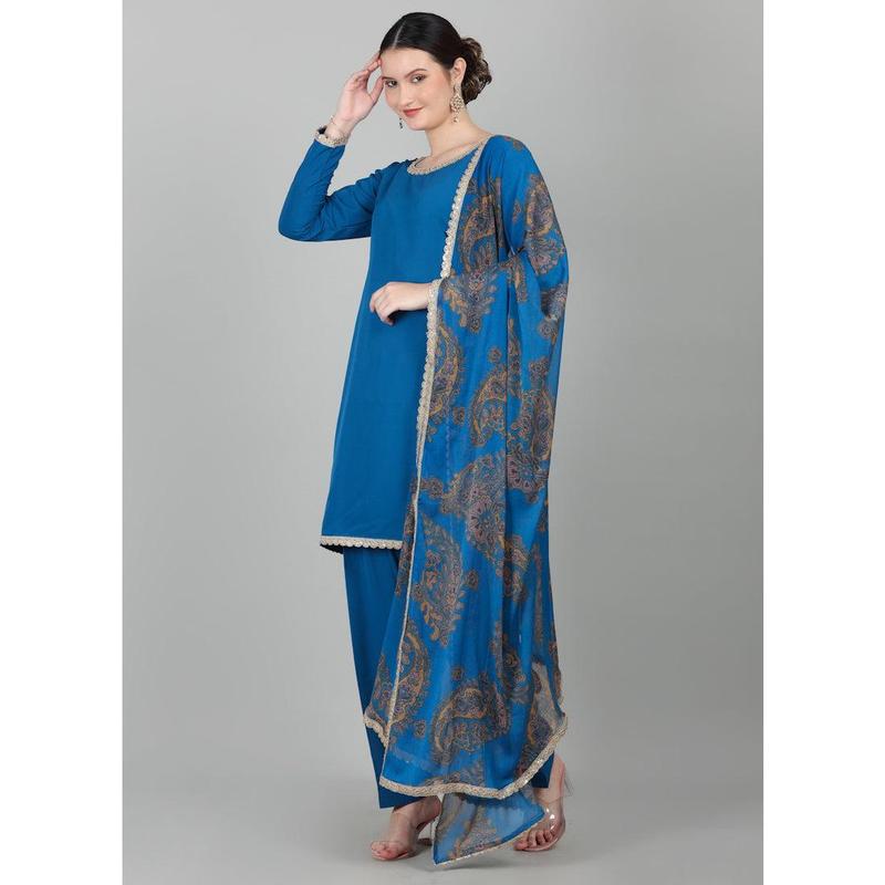 Blue Crepe Printed Dupatta Suit Set 3