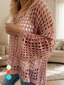 【Plus Size】 Women's Solid Color Hollow Out Crochet Sweater, Casual Long Sleeve Knitwear for Beach Vacation, Ladies Clothes for All Seasons, Womenswear